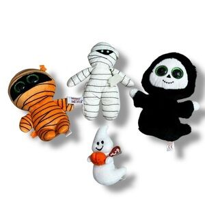 LOT of 4 Halloween Plush TY Beanies Mask Grimm Spooky Mary Meyer Mummy Puppet